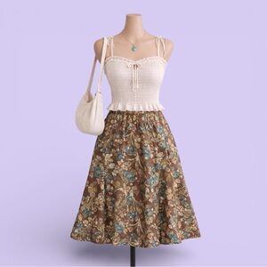 Vintage Y2K Brown Floral Midi Skirt 18W Boho Glitter Cottagecore Summer Stretch